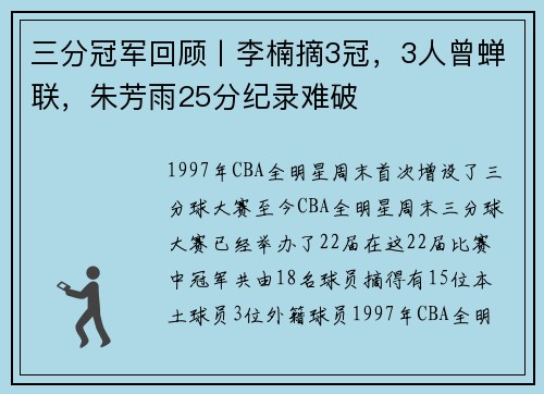 三分冠军回顾丨李楠摘3冠，3人曾蝉联，朱芳雨25分纪录难破