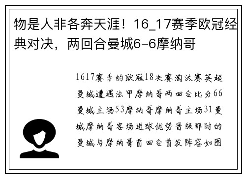 物是人非各奔天涯！16_17赛季欧冠经典对决，两回合曼城6-6摩纳哥